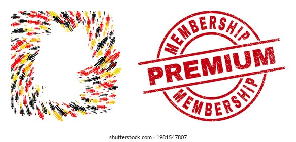 Germany map collage in Germany flag official colors - red, yellow, black, and distress Membership Premium red circle stamp imitation. Membership Premium stamp uses vector lines and arcs.
