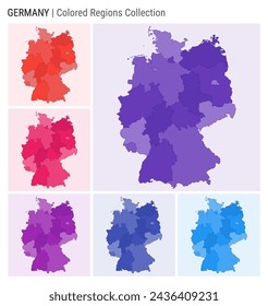 Germany map collection. Country shape with colored regions. Deep Purple, Red, Pink, Purple, Indigo, Blue color palettes. Border of Germany with provinces for your infographic. Vector illustration.