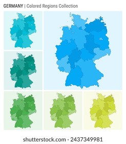 Germany map collection. Country shape with colored regions. Light Blue, Cyan, Teal, Green, Light Green, Lime color palettes. Border of Germany with provinces for your infographic. Vector illustration.