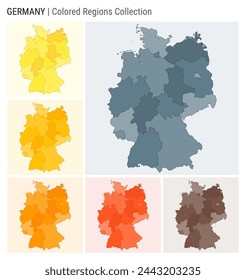 Germany map collection. Country shape with colored regions. Blue Grey, Yellow, Amber, Orange, Deep Orange, Brown color palettes. Border of Germany with provinces for your infographic.