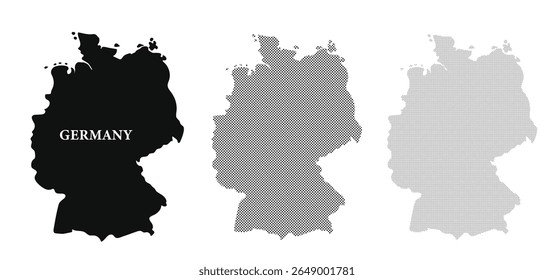 Germany map collection in glyph silhouettes and halftone pattern. Set of German map variations. Vector illustration.