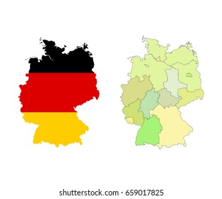 Germany map with colorful regions, borders and flag. Isolated on white. Vector illustration.