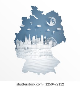 Germany map concept with famous landmark for travel postcard and poster, brochure, advertising in paper cut style vector illustration.