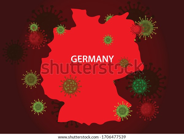Germany map with covid-19 virus concept. Coronavirus is spread to all over the world and infected to countries. Vector illustration of red map design with influenza virus. Covid 19 Germany map. 