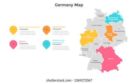 Germany map divided into provinces or regions with modern borders. Geographic location indication. Infographic design template. Vector illustration for presentation, brochure, touristic website.