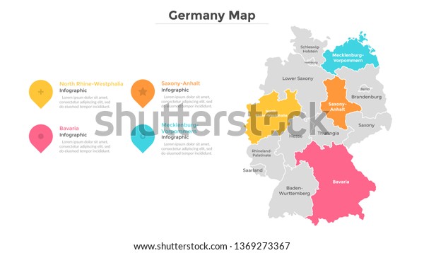 Germany map divided into provinces or regions\
with modern borders. Geographic location indication. Infographic\
design template. Vector illustration for presentation, brochure,\
touristic website.