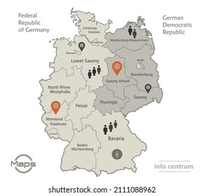 Germany map divided on West and East Germany with regions and names map, Infographics and icons vector