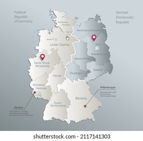 Germany map divided on West and East  map, administrative division with names, blue white card paper 3D vector