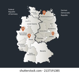 Mapa de Alemania dividido en Alemania Occidental y Oriental, Infografía de colores de diseño plano nevado blanco, con nombres de regiones individuales vector