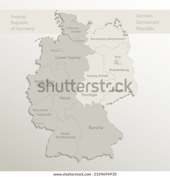 Germany map divided on West and East\
Germany with regions, card paper 3D natural\
vector