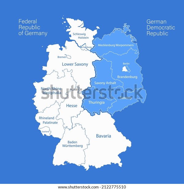 Germany map divided\
on West and East map, administrative divisions whit names regions,\
blue background vector