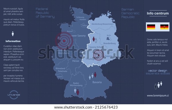 Germany map divided\
on West and East Germany with regions with names, infographics blue\
flat design vector