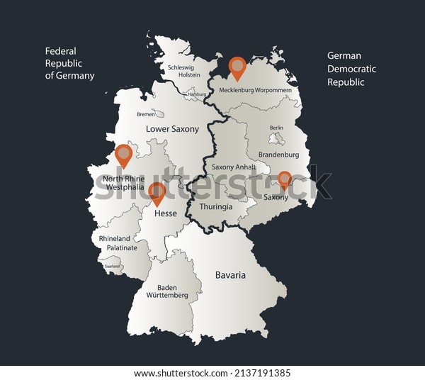 Germany map divided on West and East Germany,\
Infographics flat design colors snow white, with names of\
individual regions\
vector