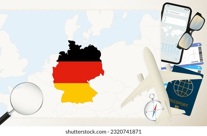 Deutschland Karte und Flagge, Frachtflugzeug auf der detaillierten Karte von Deutschland mit Flagge, Pass, Lupe und Flugzeug. Vektorvorlage.