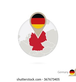 Germany map and flag in circle. Map of Germany, Germany flag pin. Map of Germany in the style of the globe. Vector Illustration.