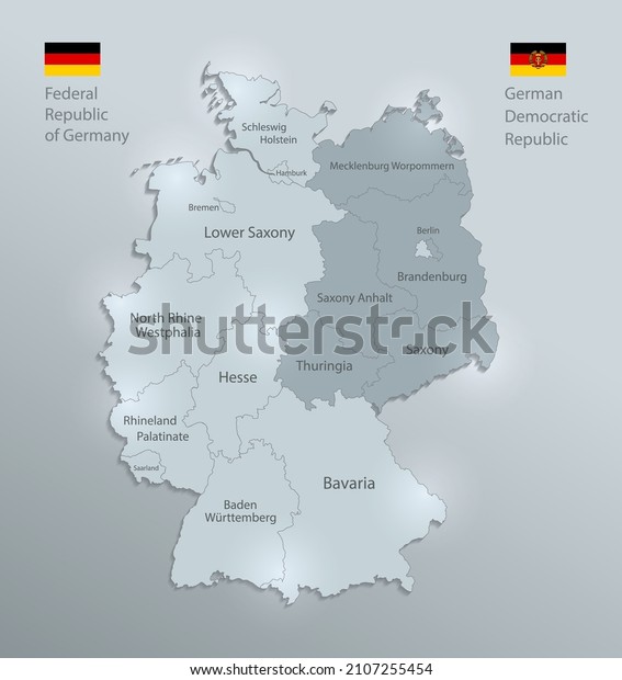 Germany map and flag divided on West\
and East Germany with regions, design glass card 3D\
vector