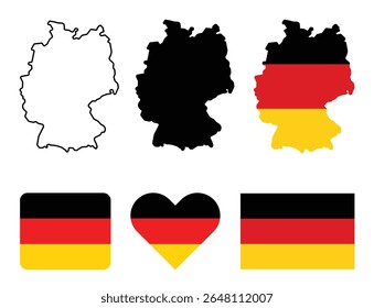 Germany map with flag and heart, rounded and rectangle flag design includes outline , solid and flag colored styles in german national colors.
