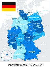 Germany - map and flag - illustration
Image contains next layers:
- land contours
- country and land names
- city names
- water object names
- flag