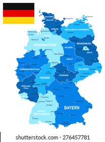 Germany map and flag - illustration
Image contains next layers:
- land contours
- country and land names
- city names
- water object names
- flag
