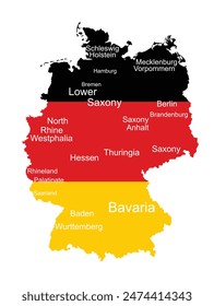 Germany map flag vector silhouette illustration isolated on white background. Deutschland autonomous communities. Germany flag regions administrative divisions, provinces map. National symbol.