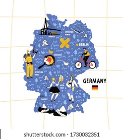 Germany map flat hand drawn vector illustration flag. Names lettering and cartoon landmarks, tourist attractions cliparts. Berlin travel, trip comic infographic poster, banner concept design