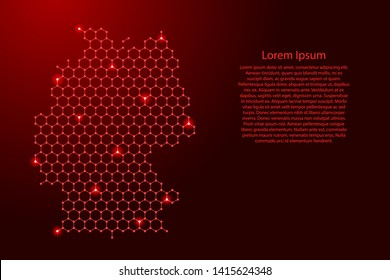 Germany map from futuristic hexagonal shapes, lines, points red and glowing stars in nodes, form of honeycomb or molecular structure for banner, poster, greeting card. Vector illustration.