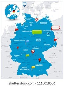 Germany Map and glossy icons on map. Detailed vector illustration of map.