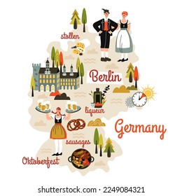 Germany map hand drawn in cartoon style. People in national dress, tourist attractions, cultural landmarks, architecture, inventions, food. Comic infographic, doodle cliparts. Vector flat illustration