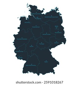 Germany map high detailed with administrative divide by state, capital cities names, outline simplicity style. Vector illustration EPS10.