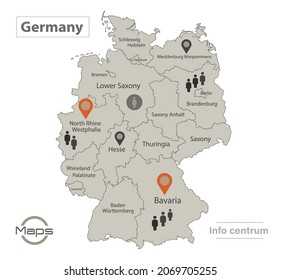 Germany map, individual regions with names, Infographics and icons vector
