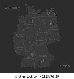 Germany map, individual regions with names, design dark blackboard background vector