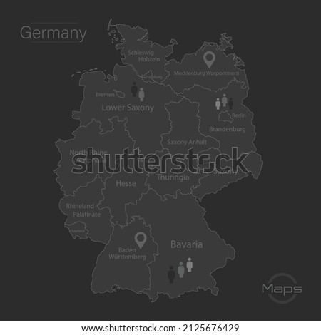 Germany map, individual regions with names, design dark blackboard background vector