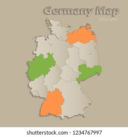 Germany map with individual states separated, infographics with icons vector