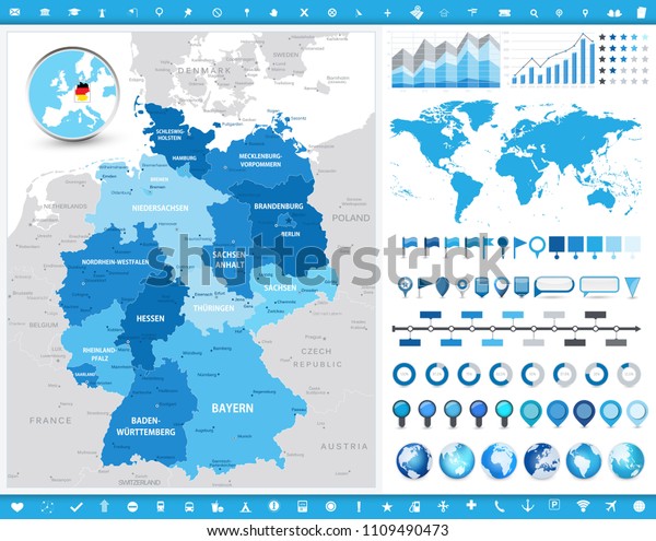 Germany Map and infographic elements. Detailed\
vector illustration of\
map.