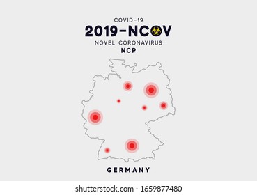 Alemania Mapa infografías, Localización del brote de virus Covid 19. Novel Coronavirus (2019-nCoV).  Coronavirus respiratorio patógeno chino 2019-nCoV. nCoV denotado es un virus ARN de una sola cadena.