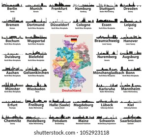 Germany map with largest cities skylines silhouettes vector set svg