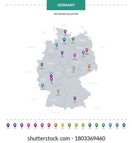 Germany map with location pointer marks. Infographic vector template, isolated on white background. 
