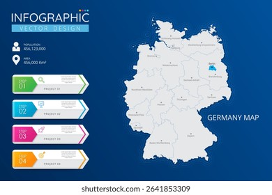 Germany map with location pointer marks. High detailed country map with division, cities and capital infographic template. Vector illustration EPS10