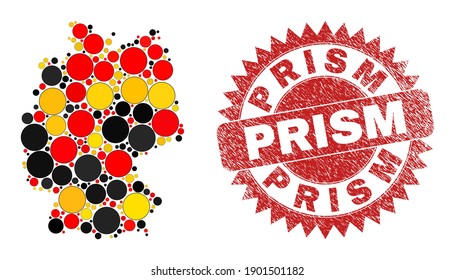 Germany map mosaic in Germany flag official colors - red, yellow, black, and Prism red rosette watermark. Vector filled circle elements are united into mosaic German map collage.