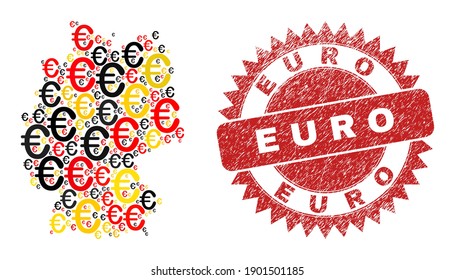 Germany map mosaic in Germany flag official colors - red, yellow, black, and grunge Euro red rosette stamp imitation. Vector euro pictograms are united into mosaic Germany map collage.
