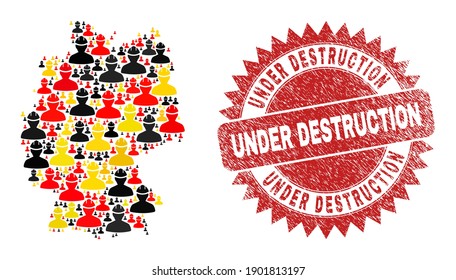Germany map mosaic in Germany flag official colors - red, yellow, black, and grunge Under Destruction red rosette stamp imitation.