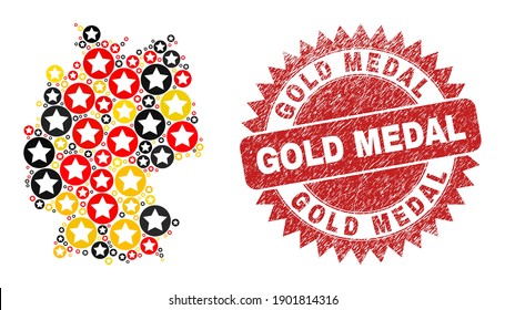 Germany map mosaic in Germany flag official colors - red, yellow, black, and scratched Gold Medal red rosette seal. Vector rounded star pictograms are scattered into mosaic German map abstraction.