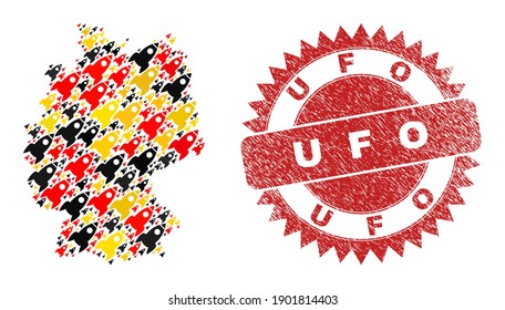 Germany map mosaic in Germany flag official colors - red, yellow, black, and grunge UFO red rosette watermark. Vector rocket icons are combined into mosaic Germany map mosaic.