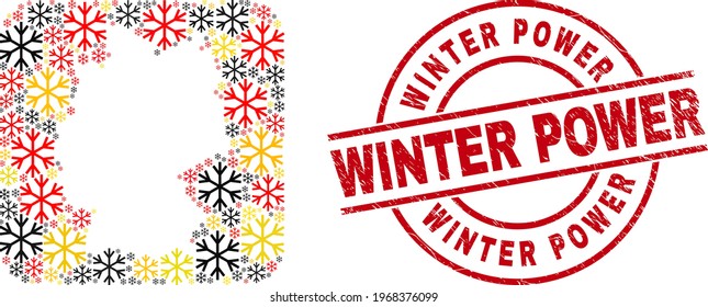 Germany map mosaic in Germany flag official colors - red, yellow, black, and rubber Winter Power red round stamp print. Winter Power seal uses vector lines and arcs.