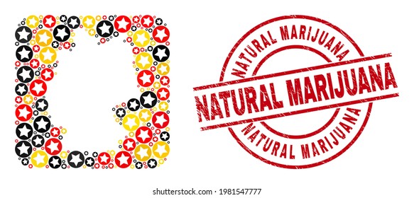 Mosaico cartográfico alemán en los colores oficiales de la bandera alemana - rojo, amarillo, negro y sucio marca de agua del círculo rojo de la marihuana natural. La placa de marihuana natural utiliza líneas vectoriales y arcos.