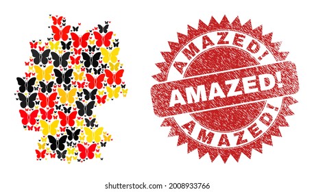 Germany map mosaic in Germany flag official colors - red, yellow, black, and dirty Amazed Warning. red rosette badge. Vector butterfly elements are united into stylized Germany map illustration.