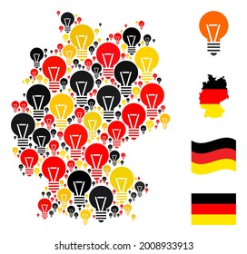 Germany map mosaic in Germany flag official colors - red, yellow, black. Vector electric bulb design elements are arranged into mosaic Germany map composition.