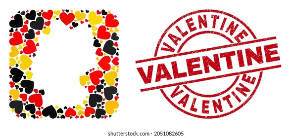Germany map mosaic in Germany flag official colors - red, yellow, black, and rubber Valentine red circle seal. Valentine stamp uses vector lines and arcs.