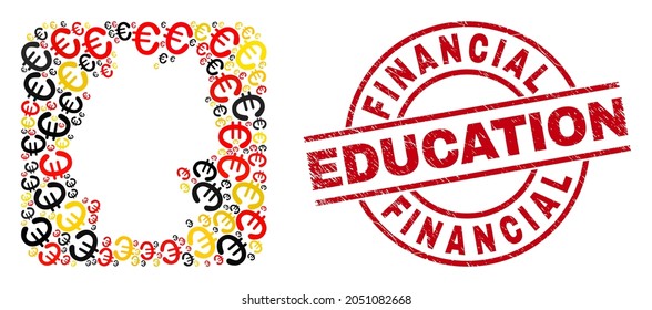 Germany map mosaic in Germany flag official colors - red, yellow, black, and scratched Financial Education red round stamp imitation. Financial Education badge uses vector lines and arcs.