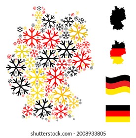 Mosaico de mapa de Alemania con los colores oficiales de la bandera alemana - rojo, amarillo, negro. Los elementos de copo de nieve vectorial se forman en un collage de mapas de Alemania en mosaico. Collage patriótico combinado con elementos planos de copos de nieve.